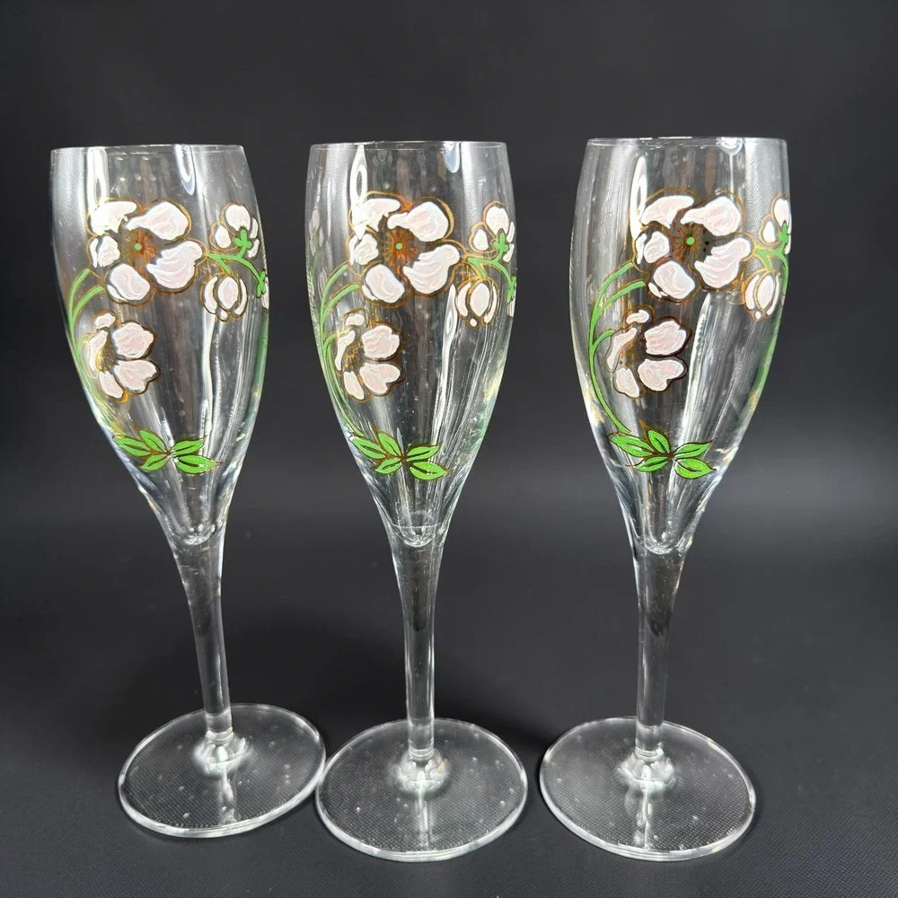 Perrier Jouet Belle Epoque Champagne Flutes Set of 3 Floral Anemone Glassware